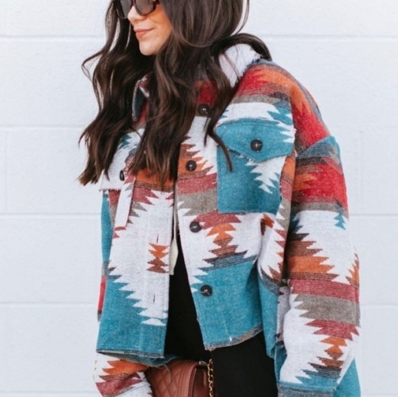 New Aztec Distressed Flannel Jacket Coat Shacket Button Up Top Blue Red - Picture 9 of 13